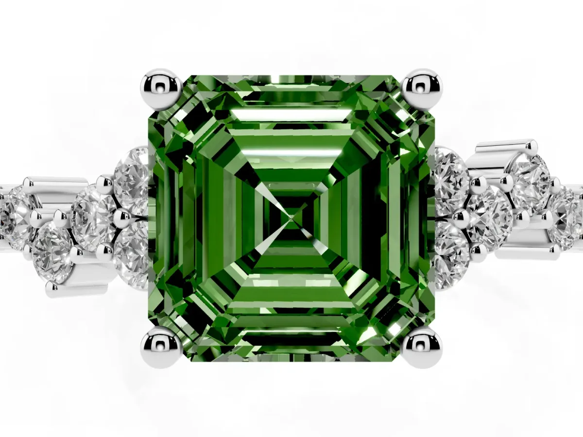 Fancy Green Asscher Cut Diamond Scattered Round Accent Ring with Prong Setting White gold