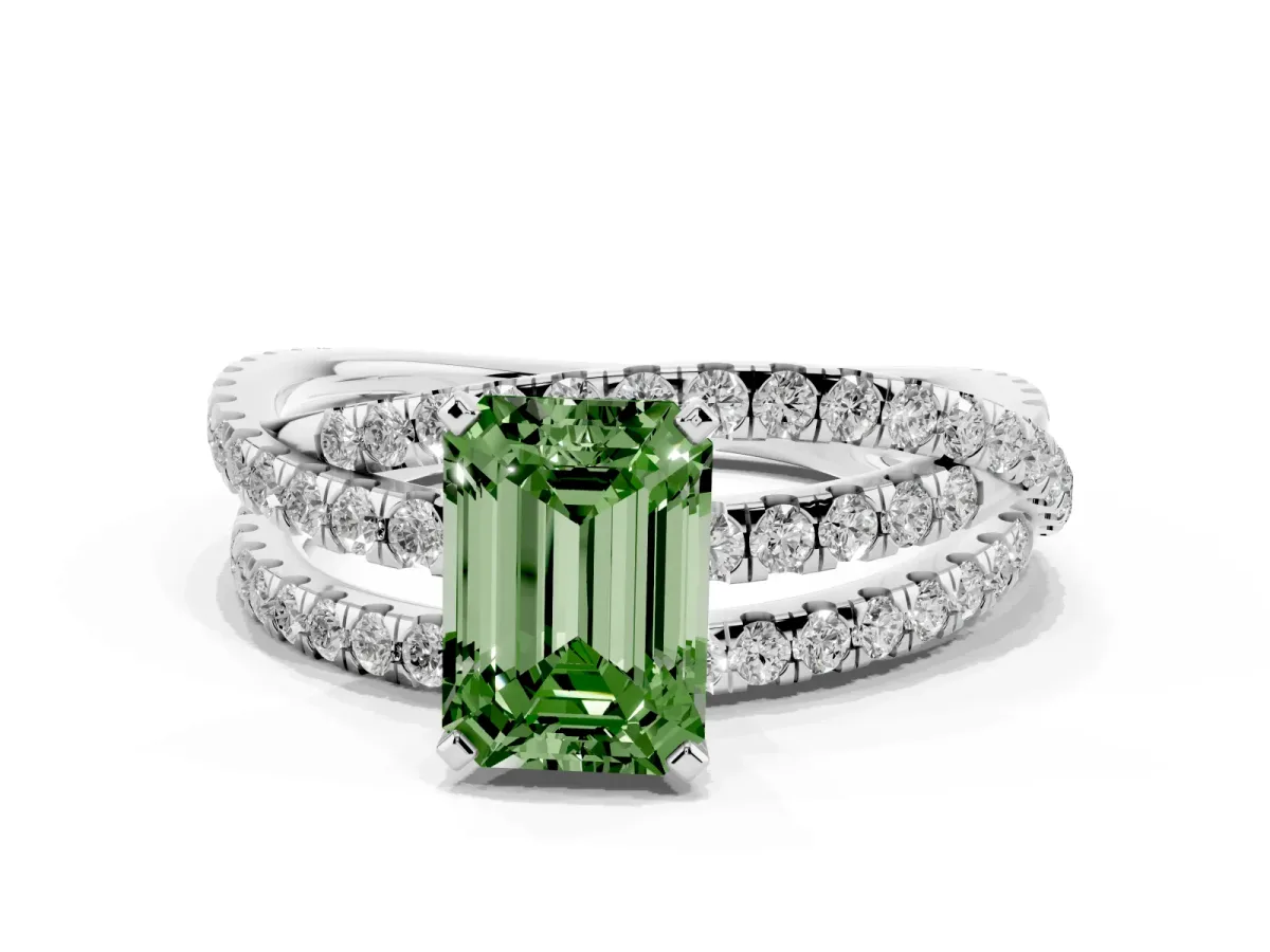 Fancy Green Emerald Cut Solitaire Twist Band with Pavé Setting and Four-Prong Setting Silver