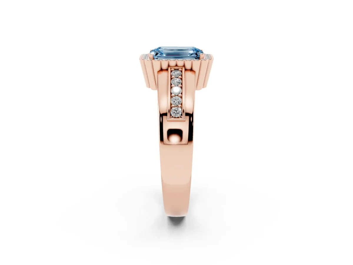 Fancy Blue Emerald Cut Cut Halo Pave Band Four-Prong Ring Rose gold