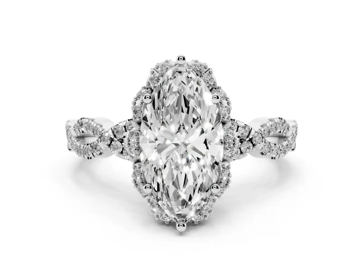 Marquise Cut Halo Twist Band Solitaire Ring with Six-Prong Setting Silver