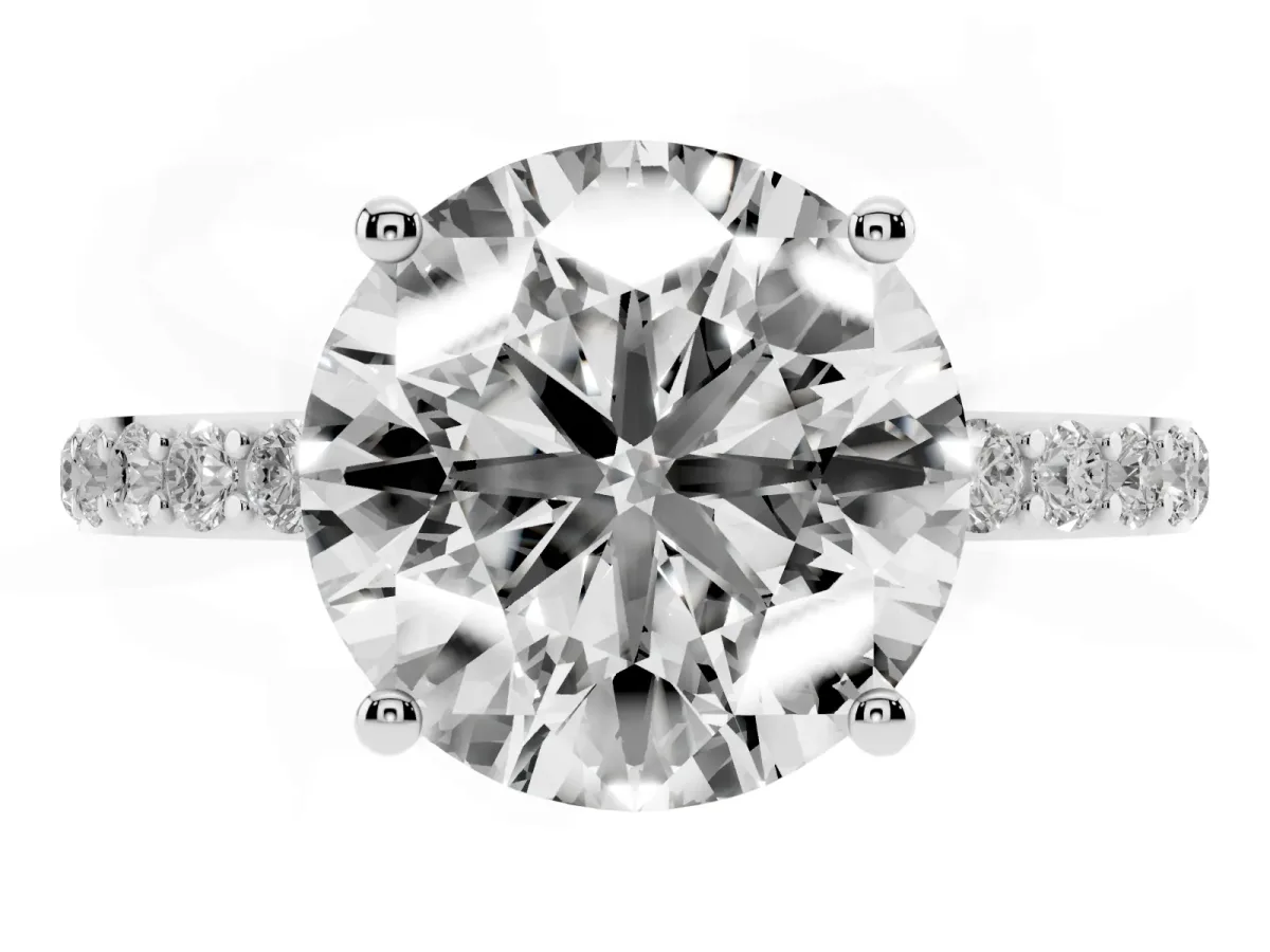 Round Cut Diamond Solitaire Ring with Round Pavé Shoulders and Prong Setting Platinum