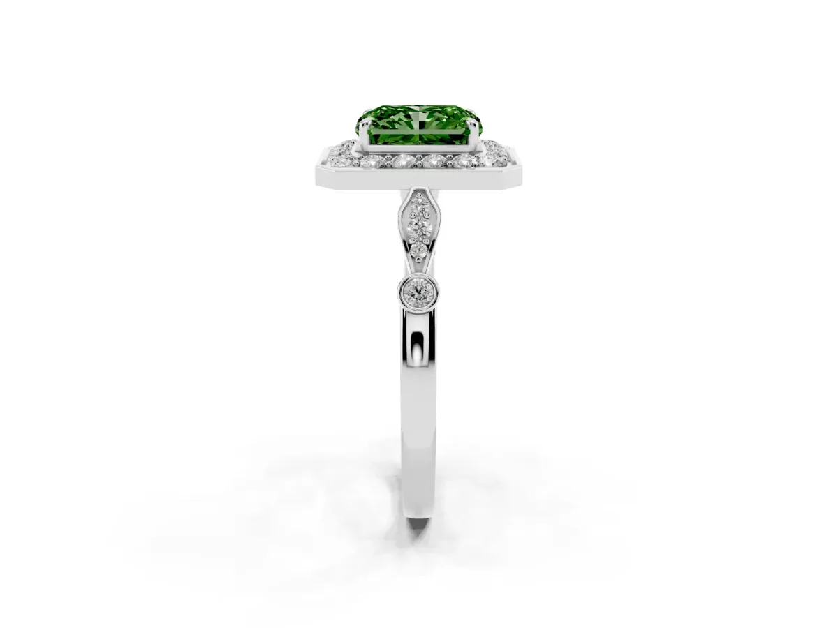 Fancy Green Radiant Cut Halo Diamond Engagement Ring with Twisted Band and Four-Prong Setting Silver