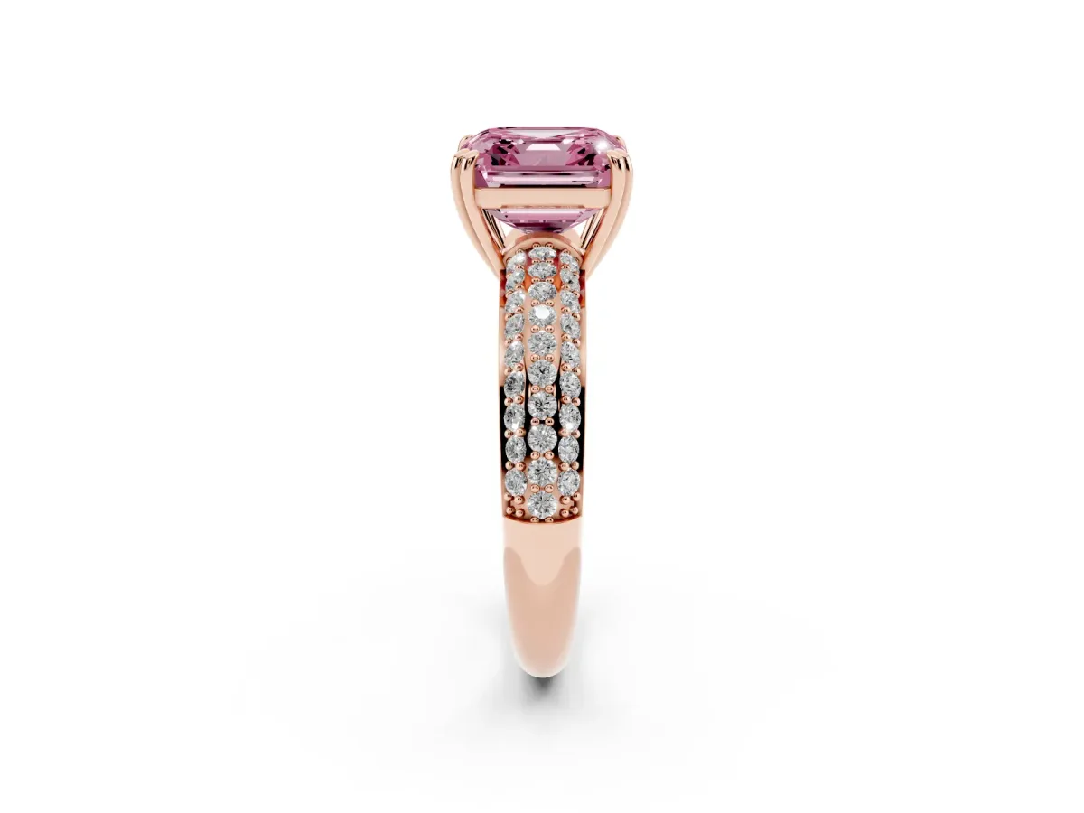 Fancy Pink Asscher Cut Diamond Solitaire Ring with Multi-Row Round Pavé Band and Prong Setting Rose gold
