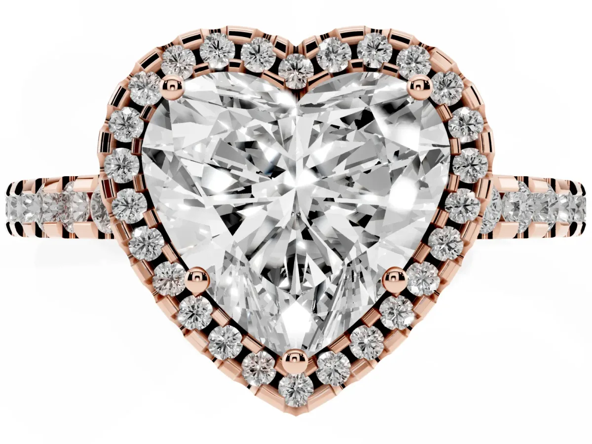 Heart Cut Diamond Halo Engagement Ring with Pavé Band and Prong Setting Rose gold