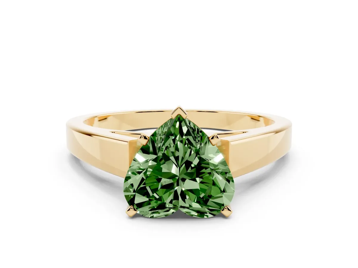 Fancy Green Heart Cut Solitaire Engagement Ring with Four-Prong Setting and Tapered Band Yellow gold