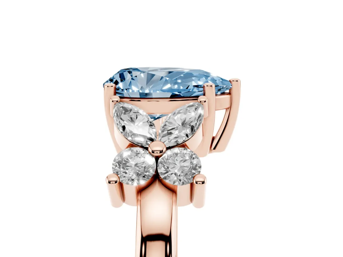 Fancy Blue Pear Cut Diamond Floral Cluster Ring with Solitaire Band and Prong Setting Rose gold
