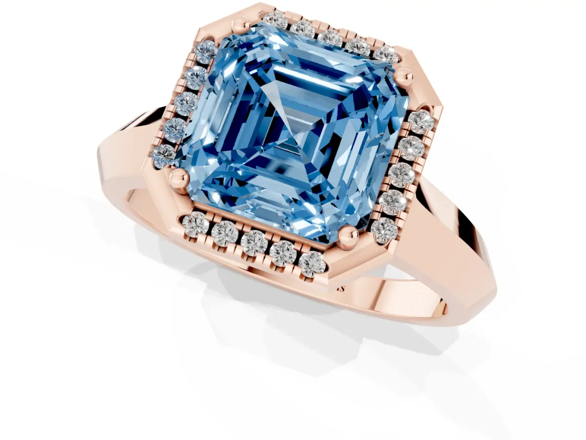 Fancy Blue Asscher Cut Halo Diamond Ring with Cathedral Band and Four-Prong Setting Rose gold