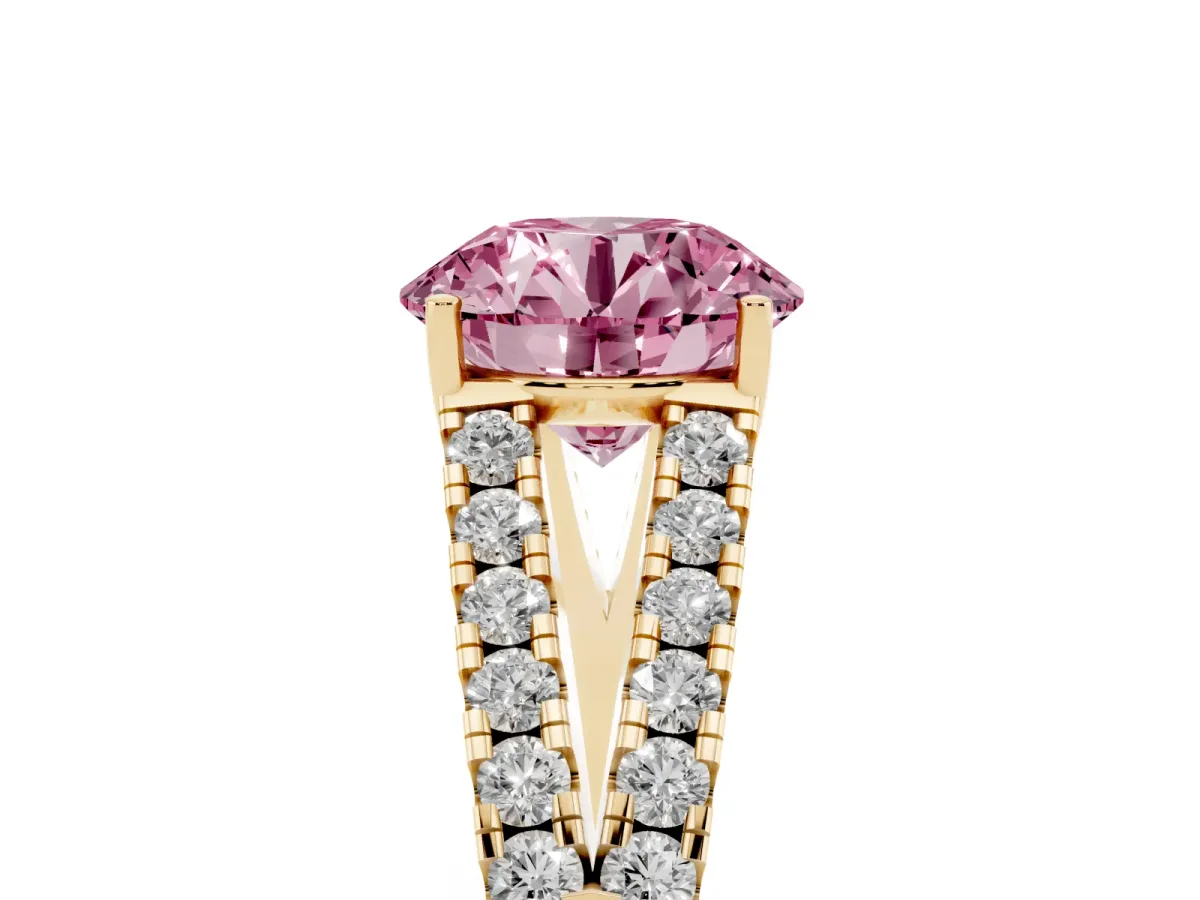 Fancy Pink Round Cut Diamond Split Shank Engagement Ring with Round Pavé and Prong Setting Yellow gold