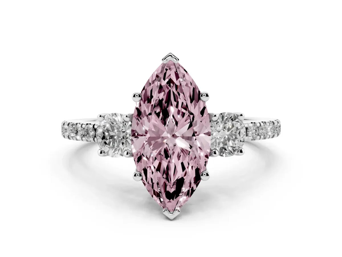 Fancy Pink Three-Stone Marquise Cut Cut Diamond Pavé Band with Prong Setting Silver