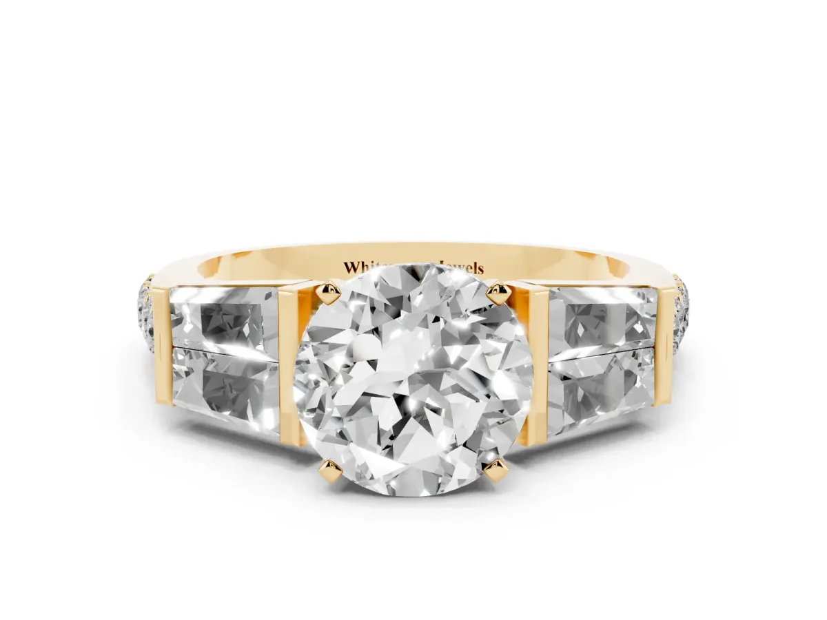 Round Cut Diamond Engagement Ring with Baguette Side Stones and Channel Set Band Yellow gold