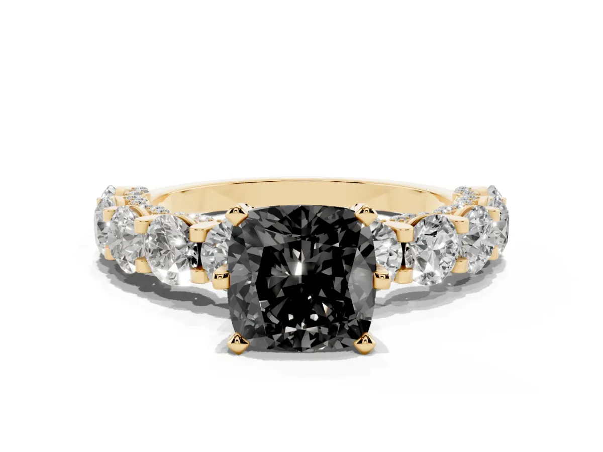 Fancy Black Cushion Cut Diamond Side Stone Engagement Ring with Four-Prong Setting Yellow gold
