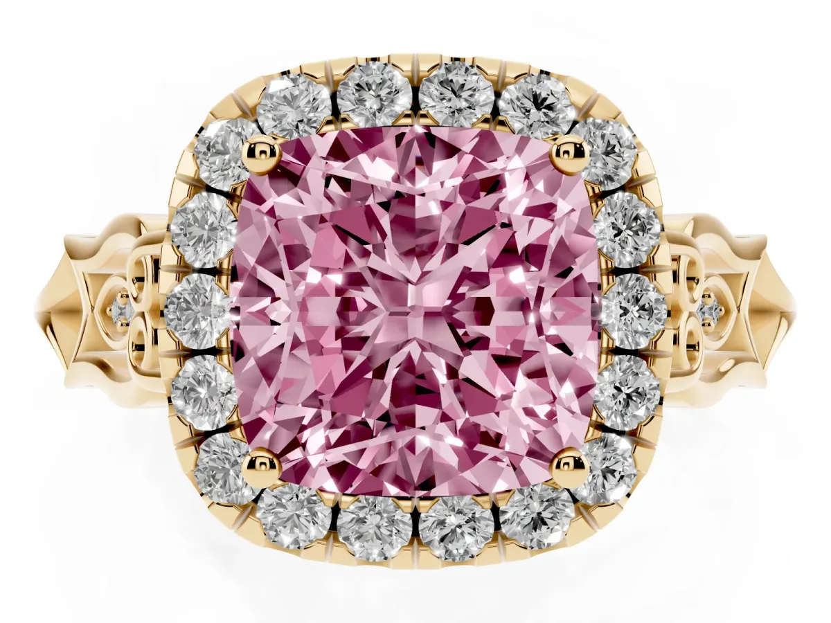 Fancy Pink Cushion Cut Halo Diamond Engagement Ring with Filigree Band and Four-Prong Setting Yellow gold