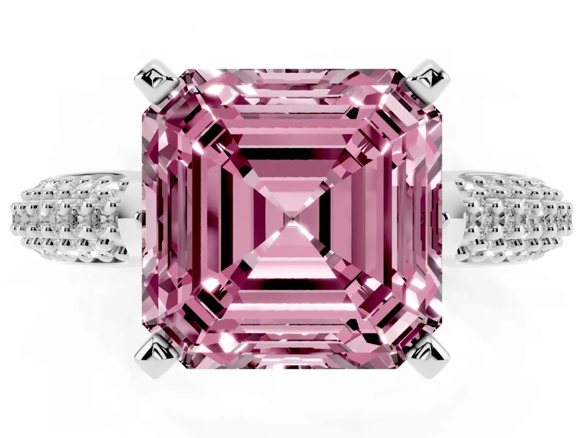 Fancy Pink Asscher Cut Diamond Solitaire Engagement Ring with Multi-Row Round Pavé Band and Prong Setting Platinum