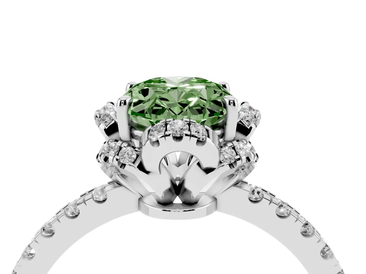 Fancy Green Oval Cut Halo Diamond Pave Band Ring with Four-Prong Setting Silver