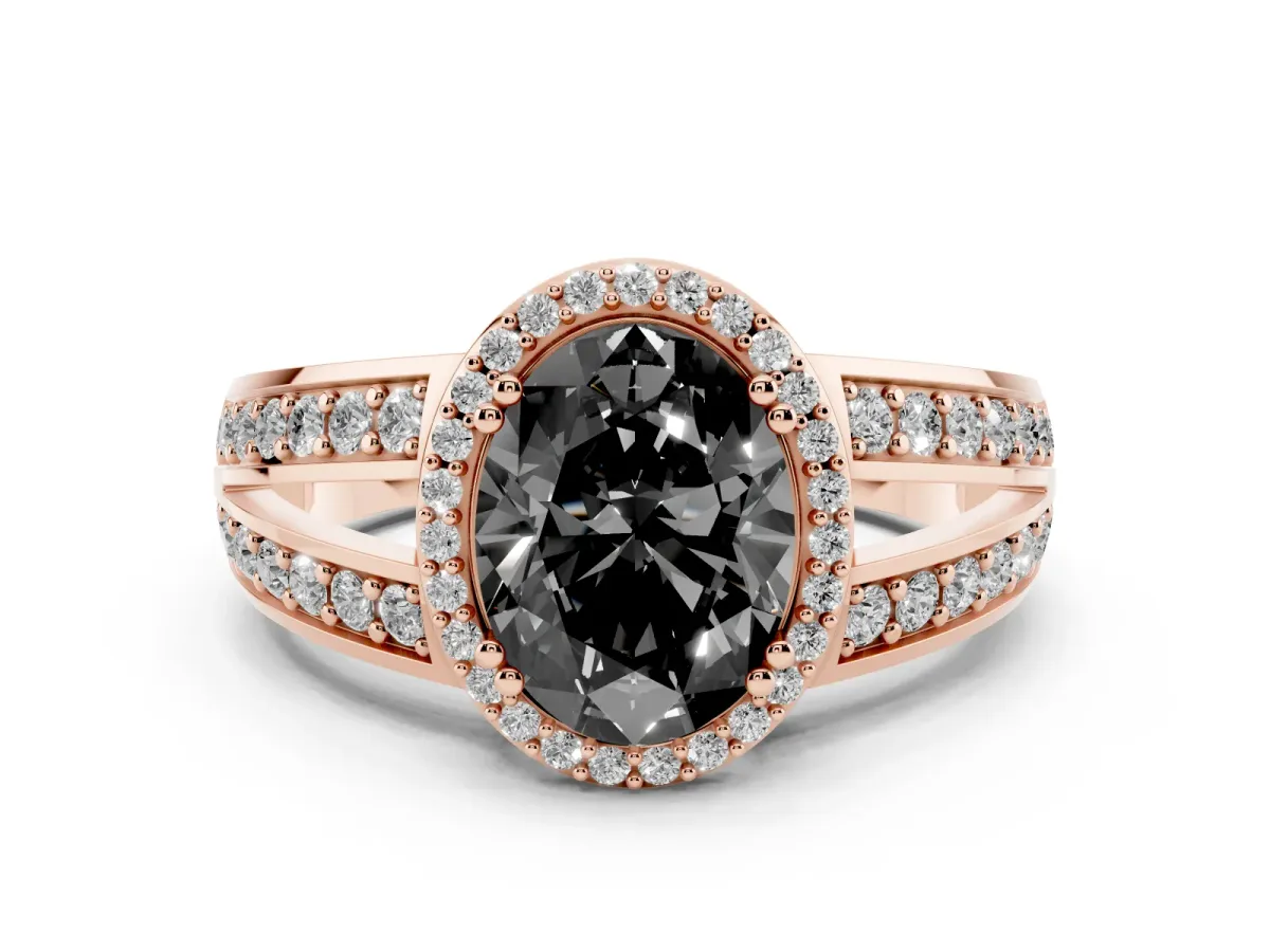 Fancy Black Oval Cut Diamond Halo Ring with Split Shank Pavé Band and Four-Prong Setting Rose gold