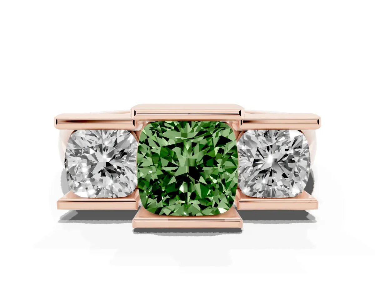 Fancy Green Three Stone Cushion Cut Cut Channel Set Diamond Ring Rose gold