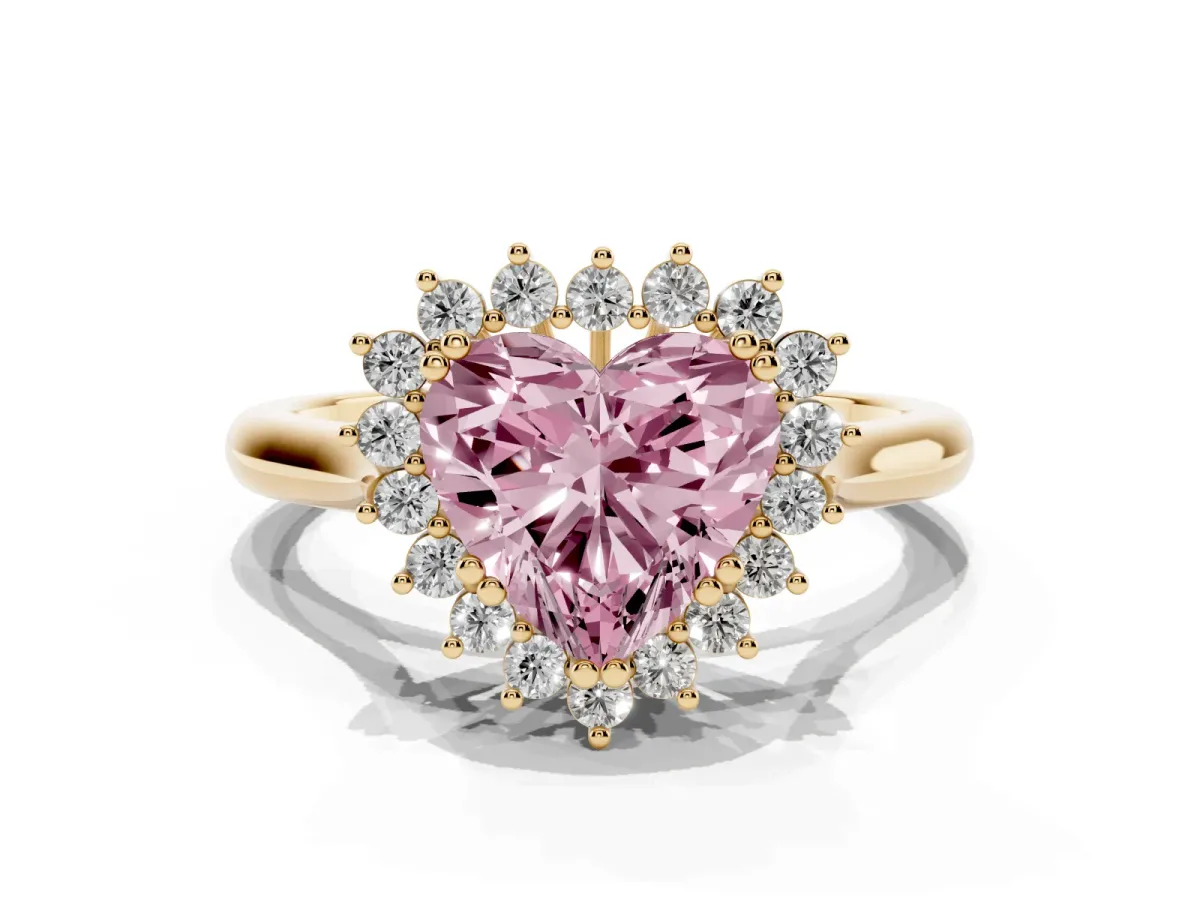 Fancy Pink Heart Cut Cut Diamond Halo Ring with Solitaire Band and Prong Setting Yellow gold