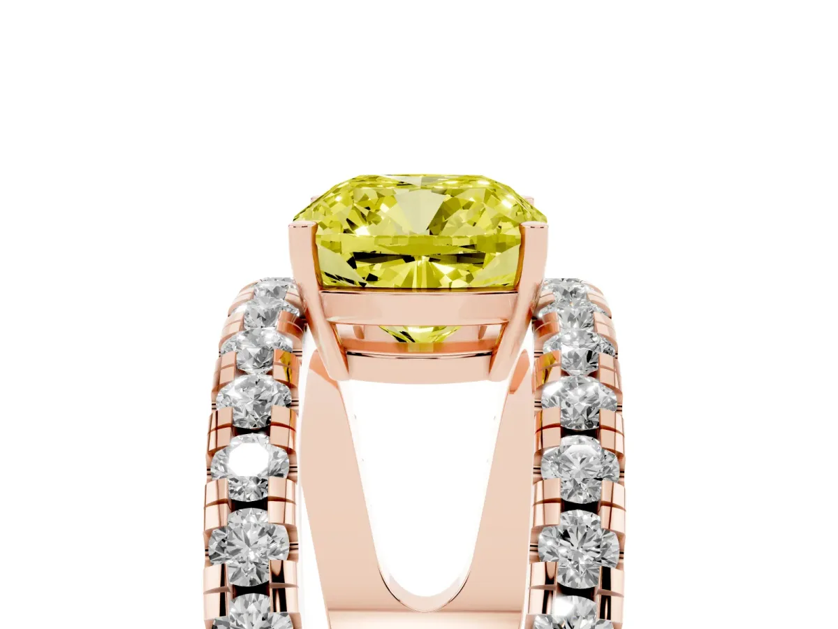 Fancy Yellow Cushion Cut Solitaire Split Shank Pave Diamond Ring Rose gold