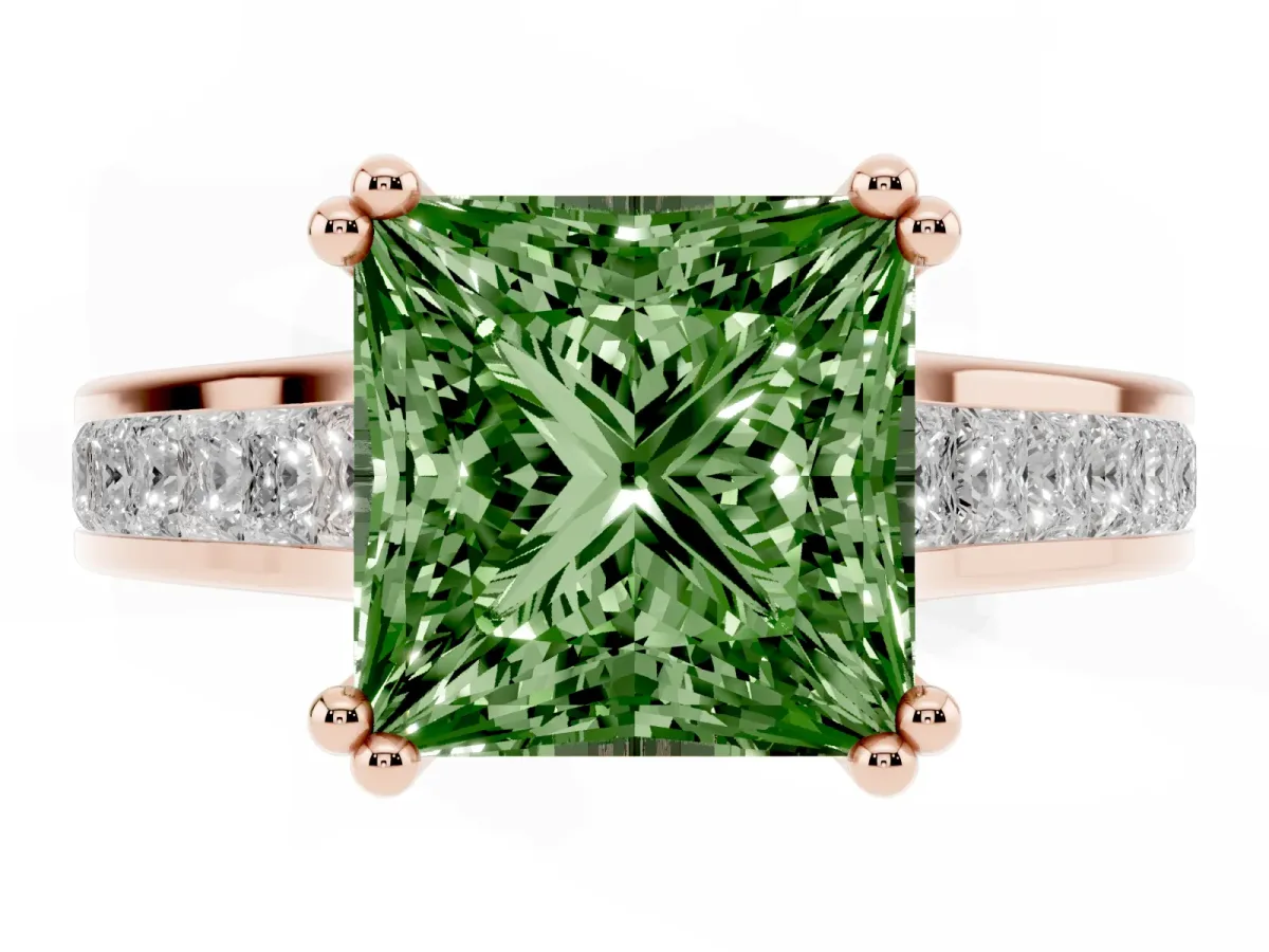 Fancy Green Princess Cut Cut Channel Set Solitaire Engagement Ring with Prong Setting Rose gold