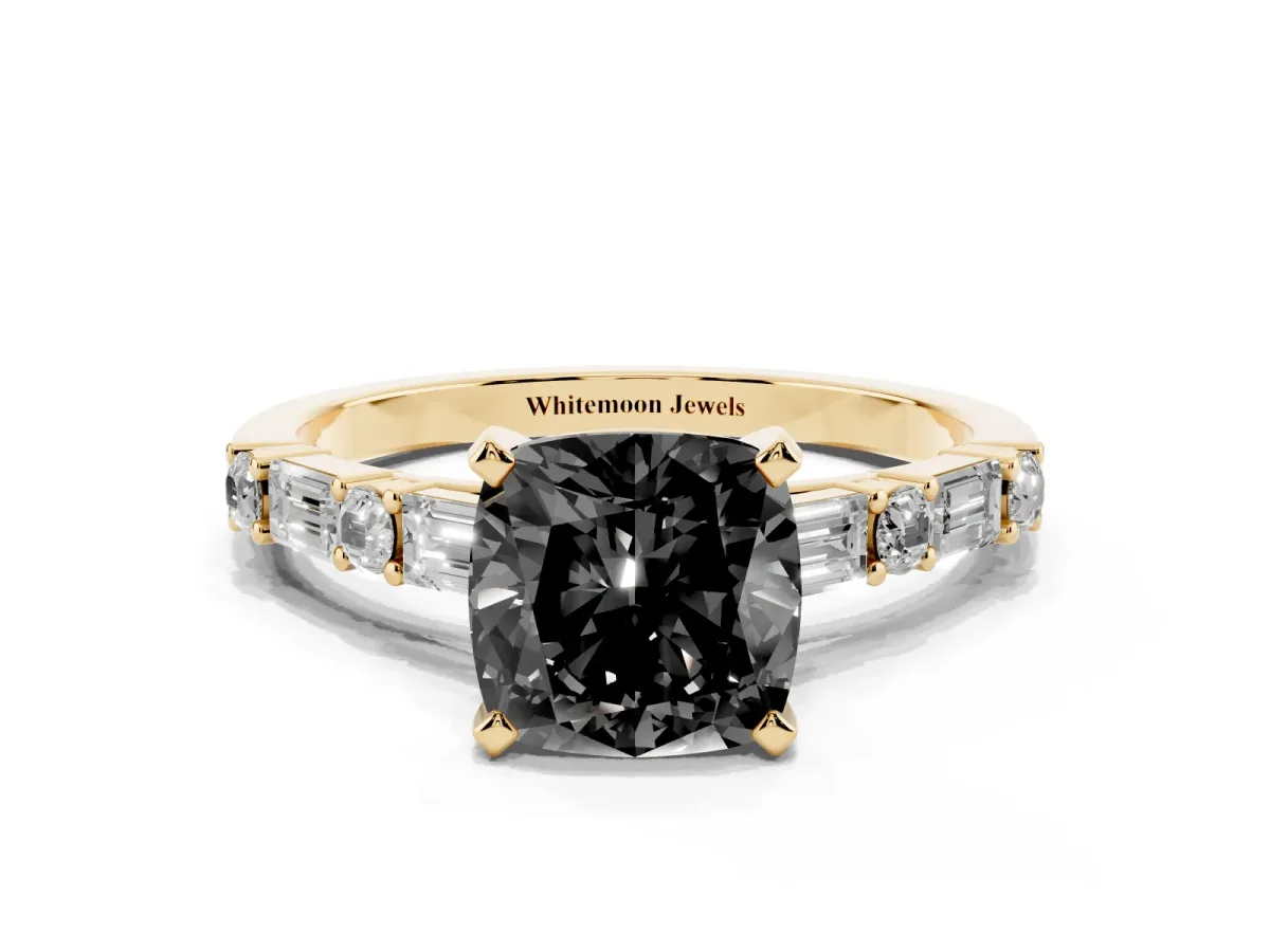 Fancy Black Cushion Cut Diamond Solitaire with Side Baguettes and Channel Set Band Yellow gold