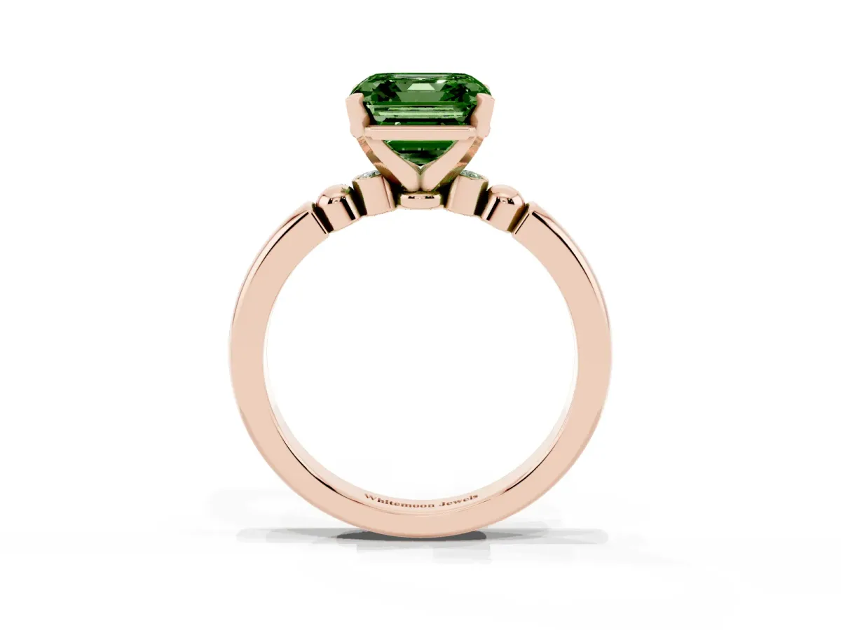 Fancy Green Asscher Cut Solitaire Beaded Band with Four-Prong Setting Rose gold