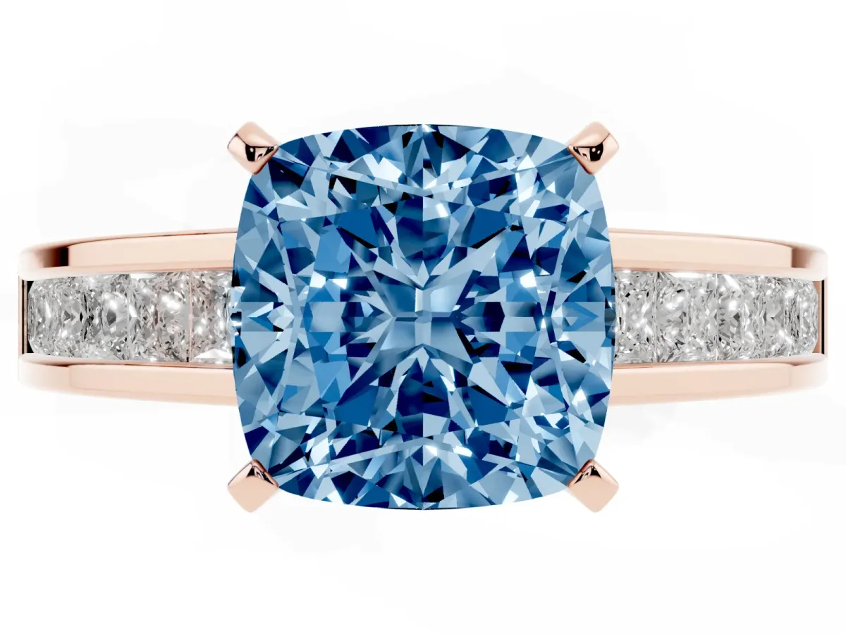 Fancy Blue Cushion Cut Solitaire Diamond Ring with Channel-Set Band and Four-Prong Setting Rose gold