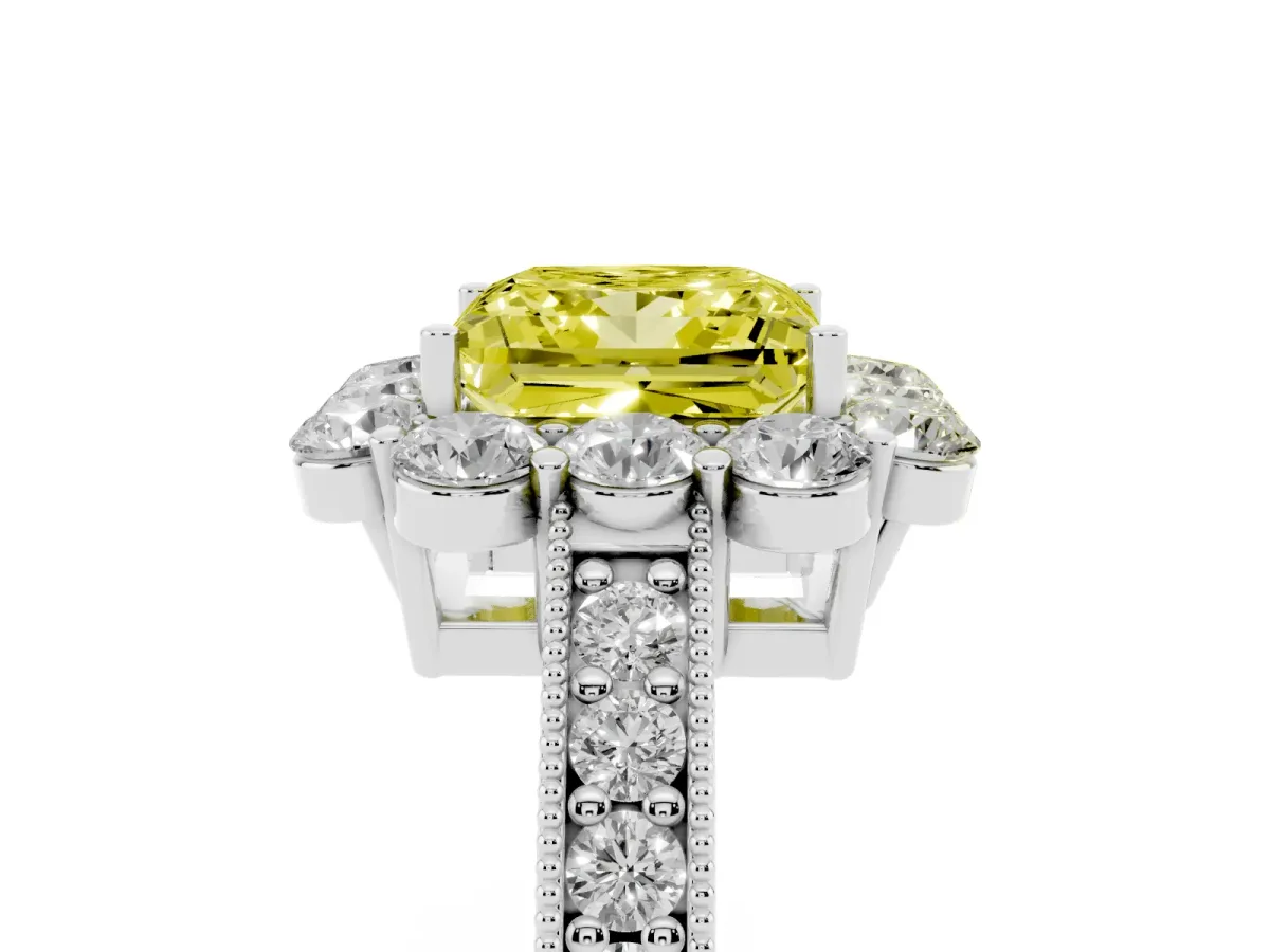 Fancy Yellow Princess Cut Cut Halo Diamond Pavé Engagement Ring with Milgrain Detailing White gold