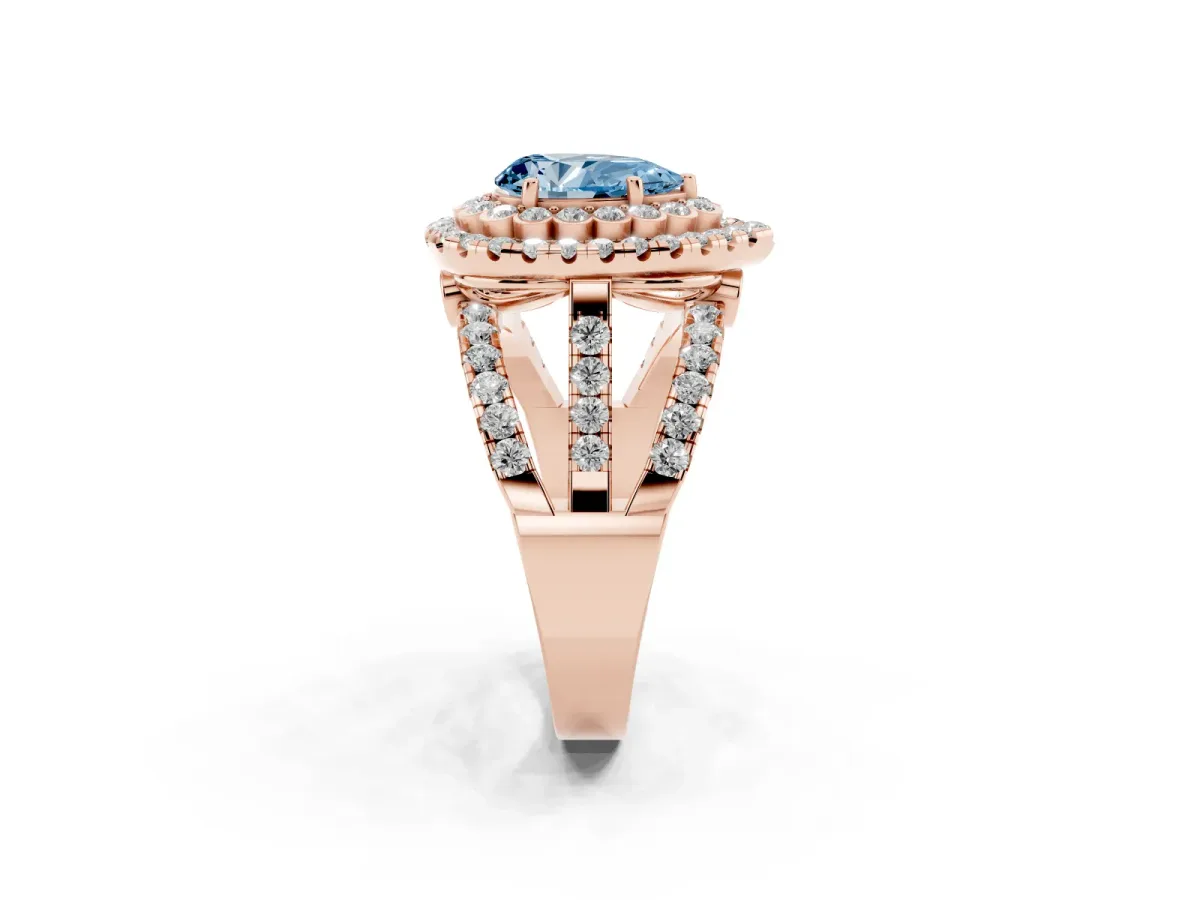 Fancy Blue Pear Cut Diamond Double Halo Ring with Round Pavé Split Shank and Prong Setting Rose gold