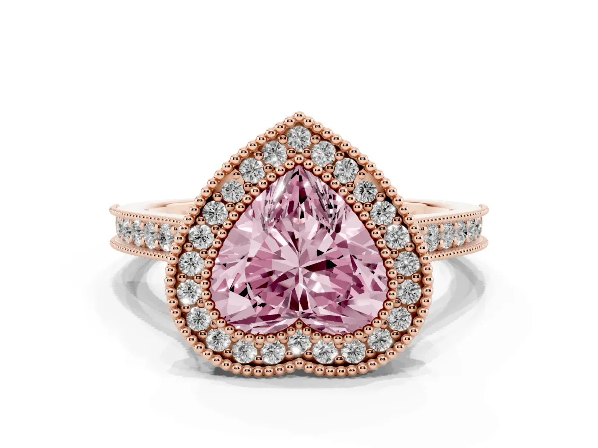 Fancy Pink Halo Heart Cut-Cut Diamond Pave Band Milgrain Prong Setting Ring Rose gold