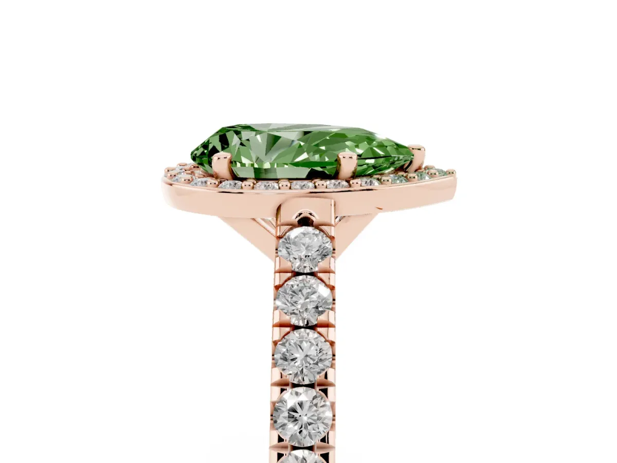 Fancy Green Pear Cut Cut Halo Diamond Engagement Ring with Pave Band and Four-Prong Setting Rose gold