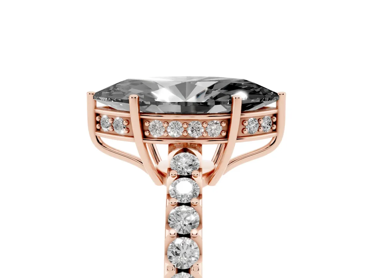 Fancy Black Marquise Cut Solitaire Diamond Engagement Ring with Pavé Band and Six-Prong Setting Rose gold