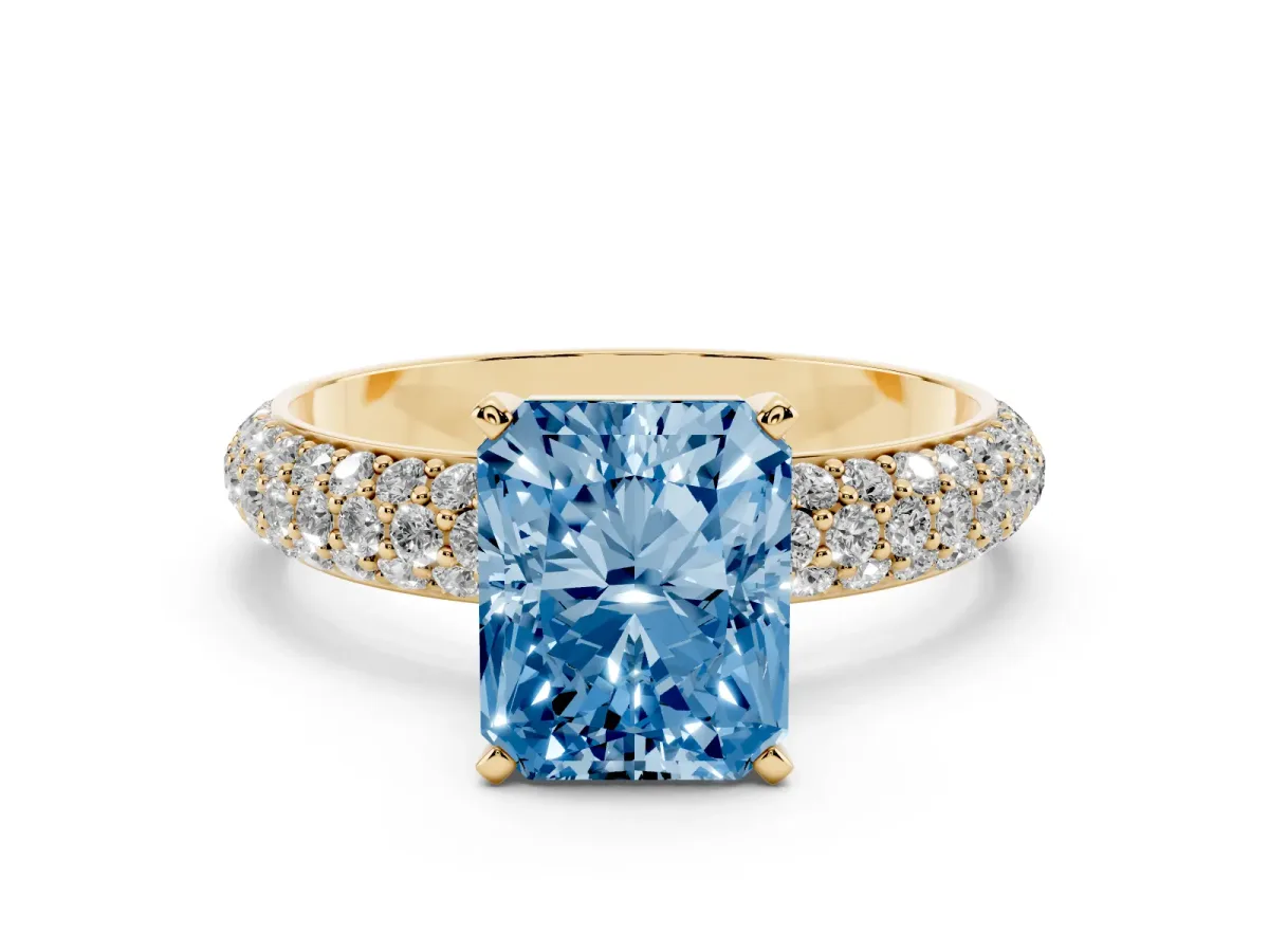 Fancy Blue Radiant Cut Diamond Solitaire Ring with Prong Setting and Pavé Band Yellow gold