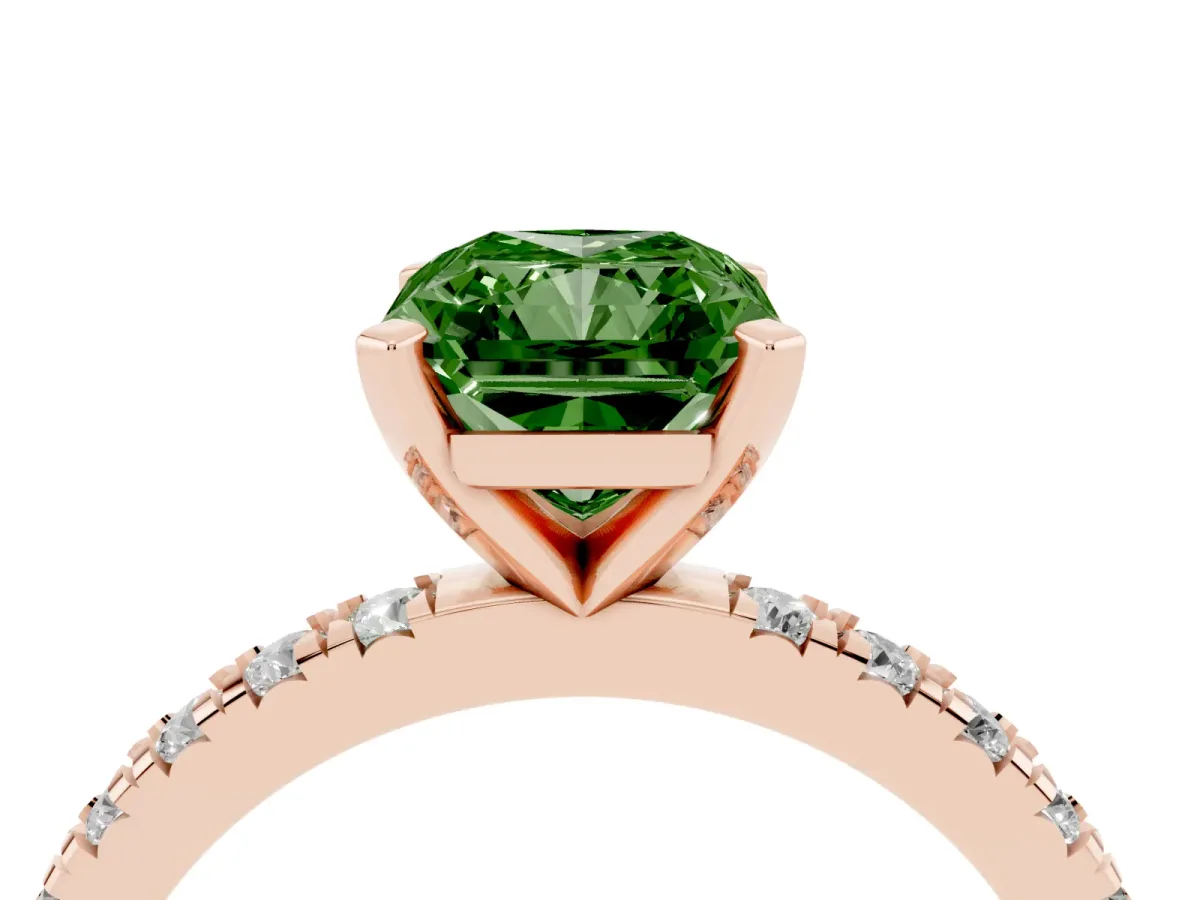 Fancy Green Radiant Cut Diamond Pavé Band Solitaire with Four-Prong Setting Rose gold