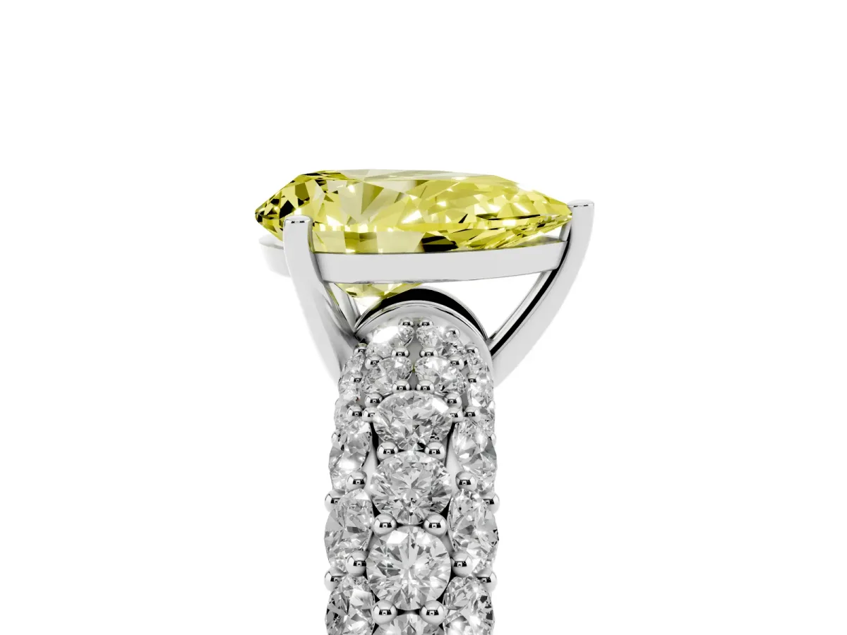 Fancy Yellow Pear Cut Diamond Pavé Band Solitaire Ring with Four-Prong Setting White gold
