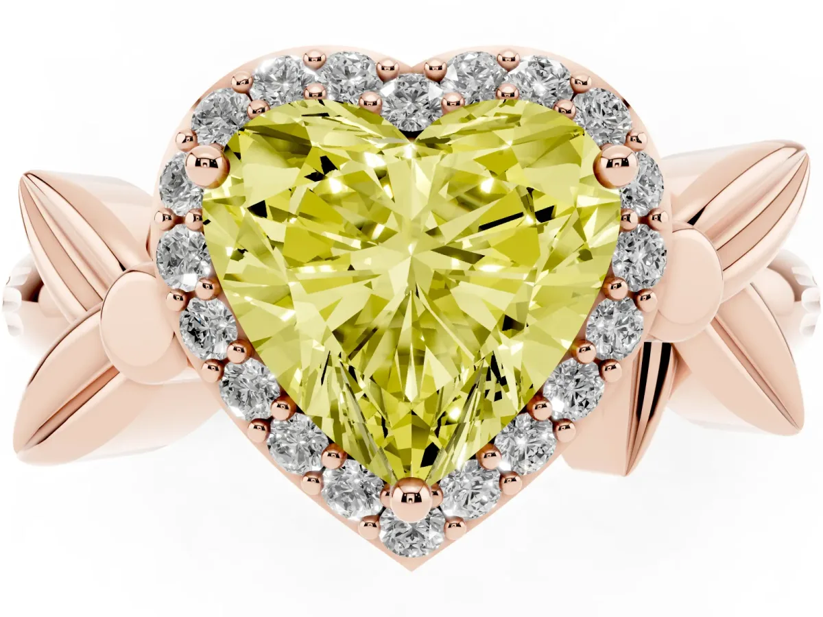 Fancy Yellow Heart Cut Halo Diamond Floral Band with Four-Prong Setting Rose gold