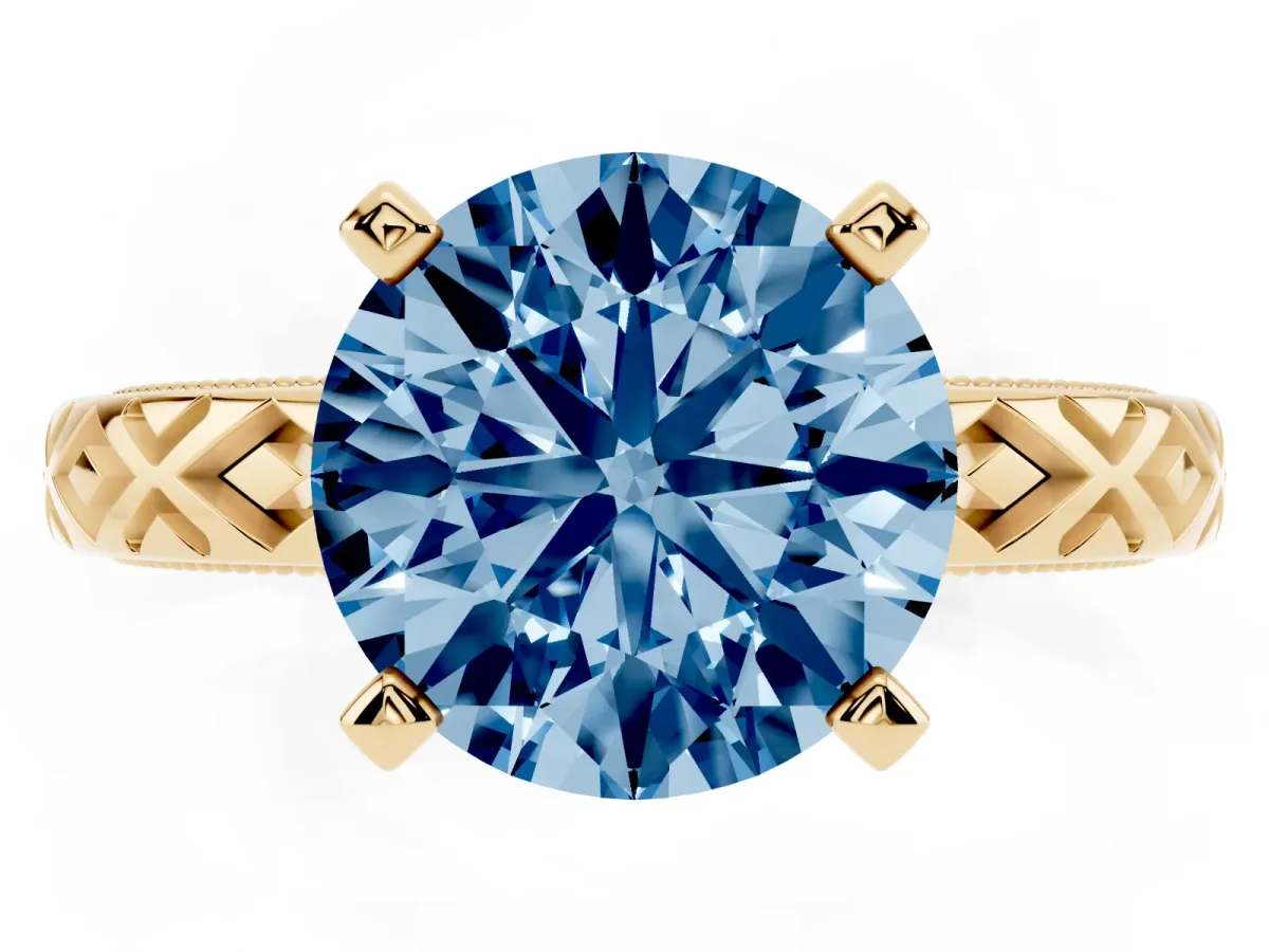 Fancy Blue Round Cut Solitaire Diamond Ring with Milgrain and Black Enamel X Pattern Band Yellow gold