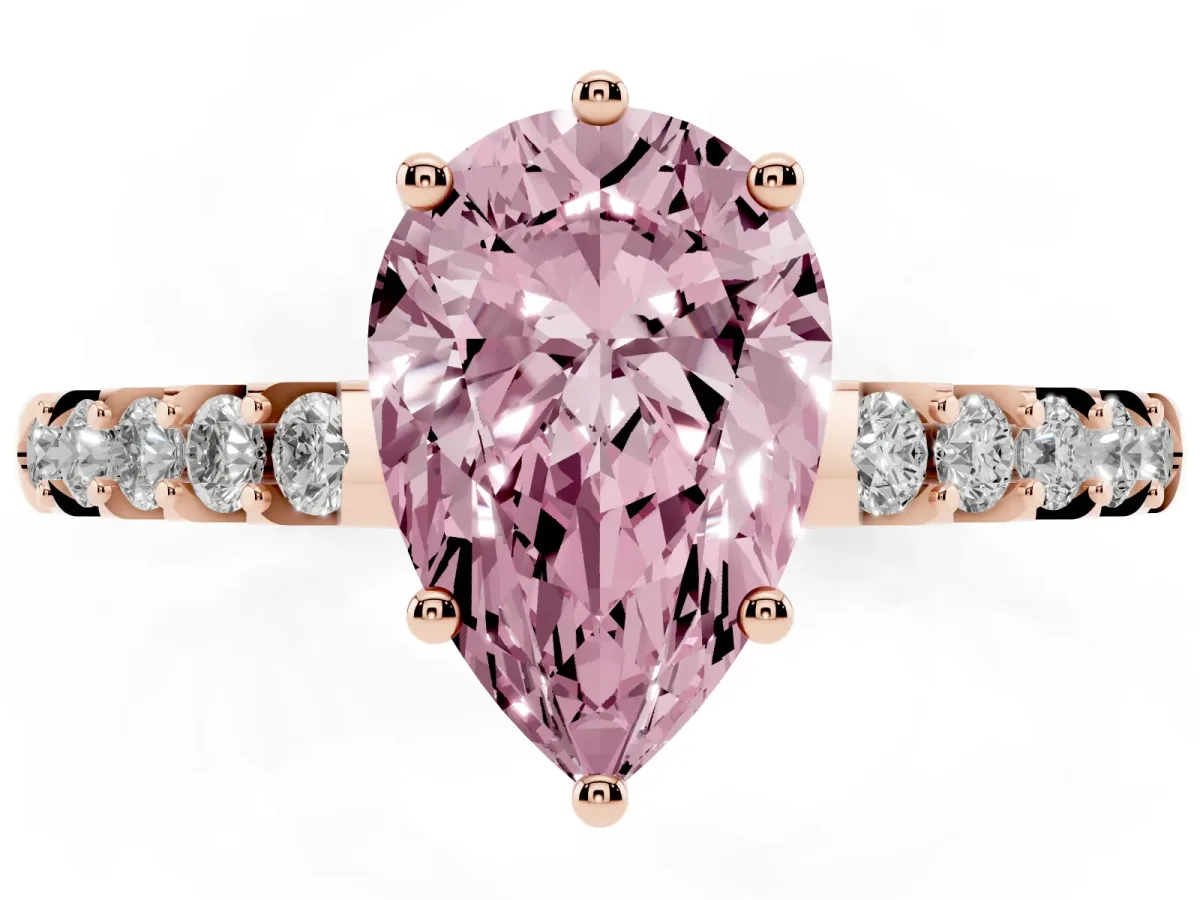 Fancy Pink Pear Cut Solitaire Diamond Engagement Ring with Pavé Band and Six-Prong Setting Rose gold
