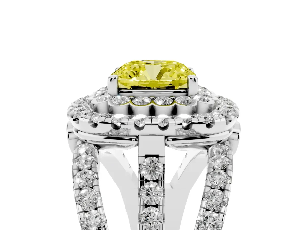 Fancy Yellow Cushion Cut Diamond Double Halo Ring with Round Pavé Split Shank and Prong Setting Silver