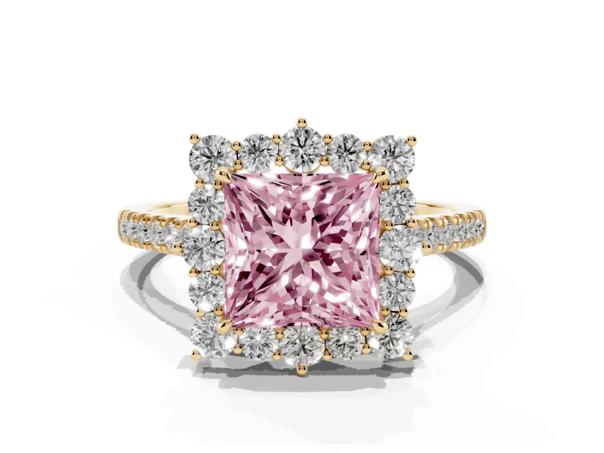 Fancy Pink Princess Cut Halo Diamond Ring with Pavé Band and Prong Setting Yellow gold