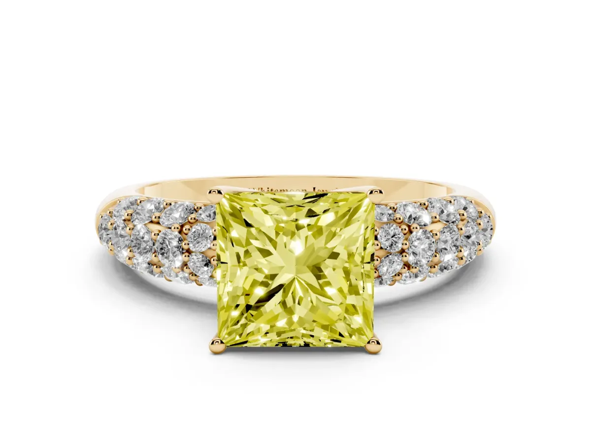 Fancy Yellow Princess Cut Diamond Pavé Band Solitaire Ring with Four-Prong Setting Yellow gold