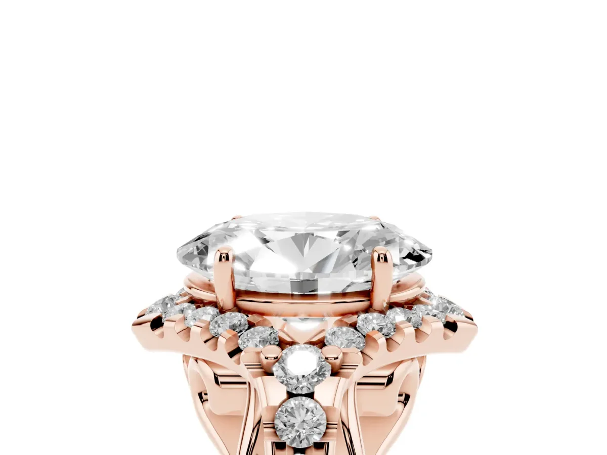Oval Cut Diamond Solitaire Ring with Hidden Halo and Pavé Band Rose gold