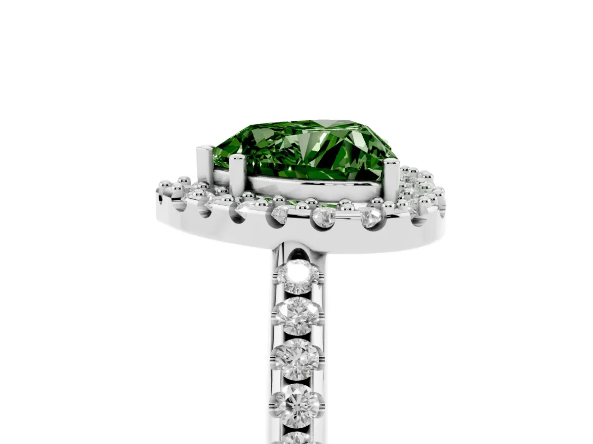 Fancy Green Heart Cut Diamond Pavé Halo Ring with Four-Prong Setting Silver