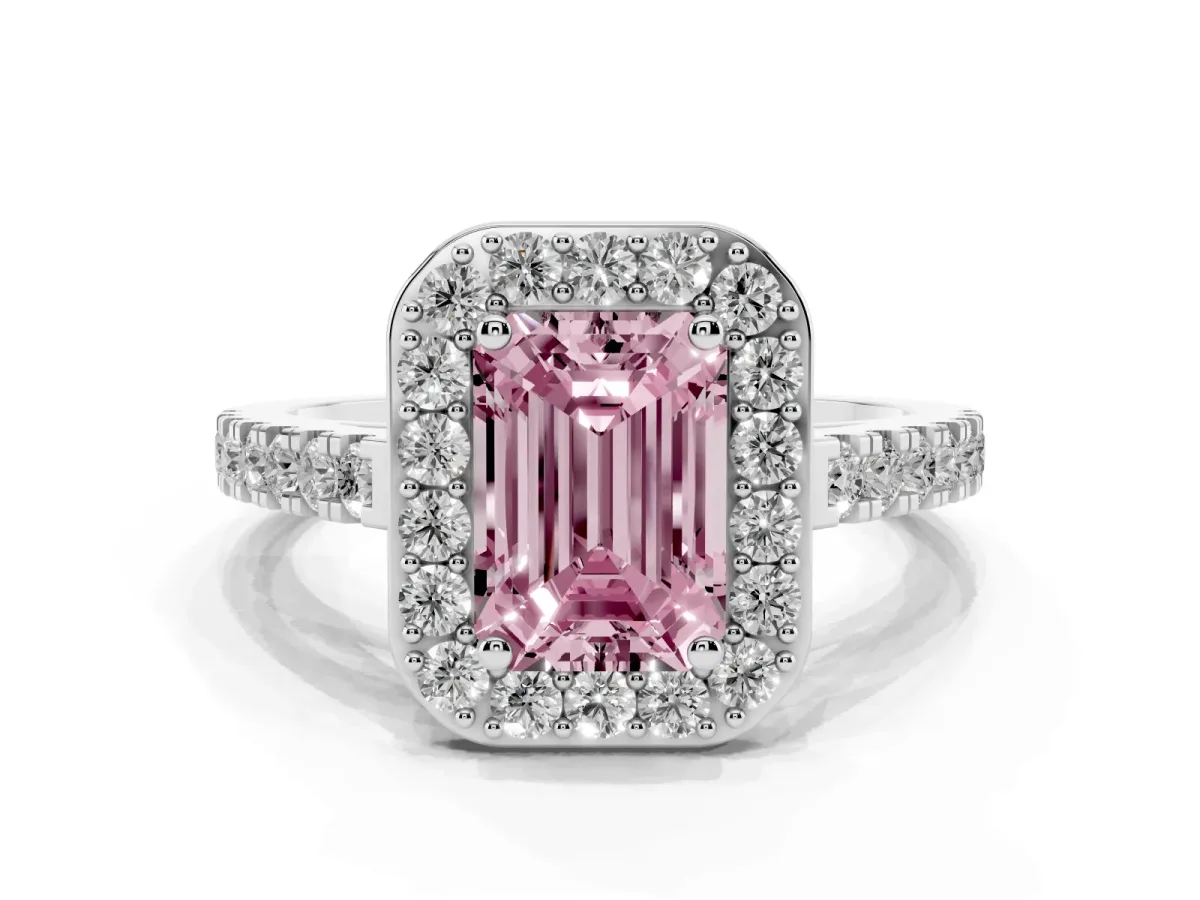 Fancy Pink Emerald Cut Diamond Halo Ring with Round Pavé Split Shank and Prong Setting Platinum