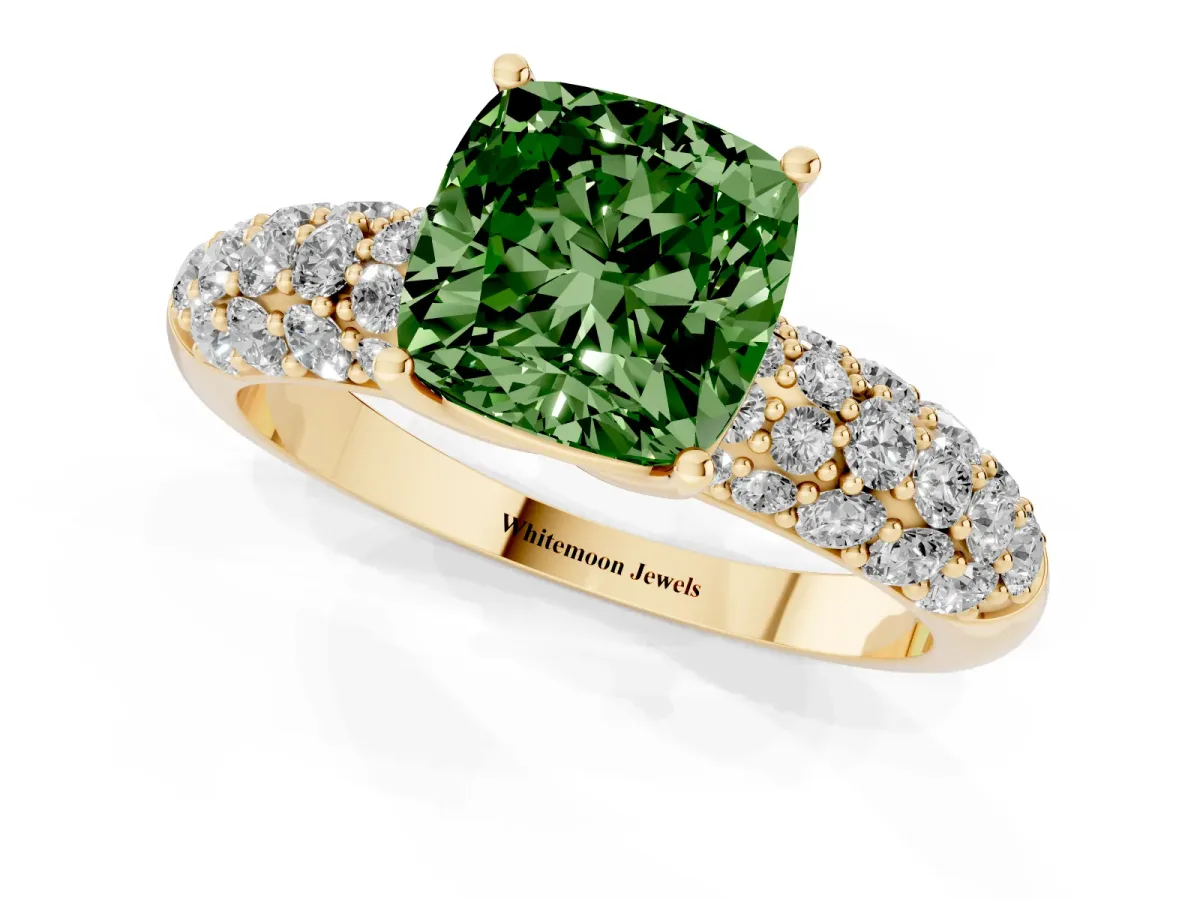 Fancy Green Cushion Cut Diamond Pavé Band Solitaire Ring with Four-Prong Setting Yellow gold