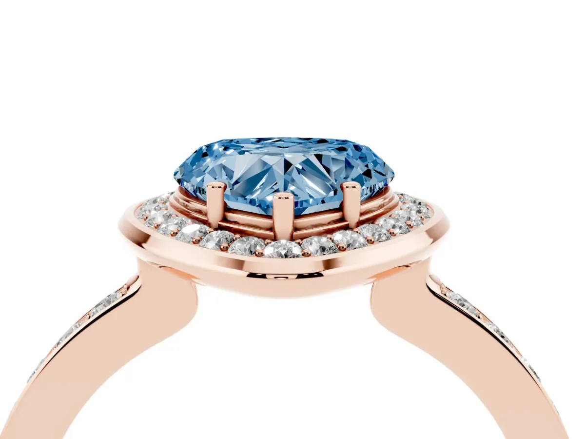 Fancy Blue Heart Cut Diamond Halo Ring with Bezel Frame and Pavé Band Rose gold