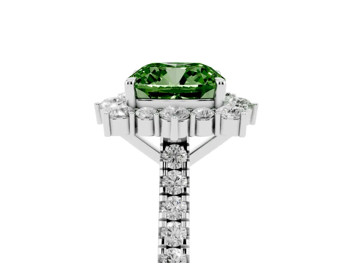 Fancy Green Cushion Cut Halo Diamond Ring with Pavé Band and Prong Setting Silver