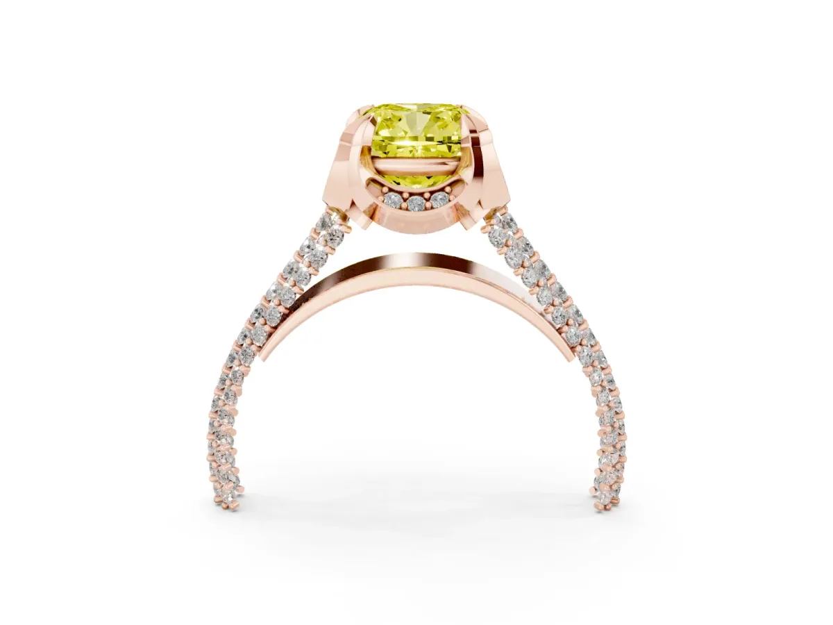 Fancy Yellow Cushion Cut Solitaire Pave Split Shank Ring with Four-Prong Setting Rose gold