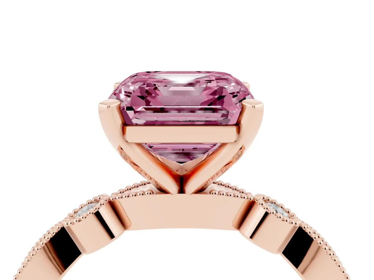 Fancy Pink Asscher Cut Milgrain Bezel Diamond Engagement Ring with Solitaire Prong Setting Rose gold