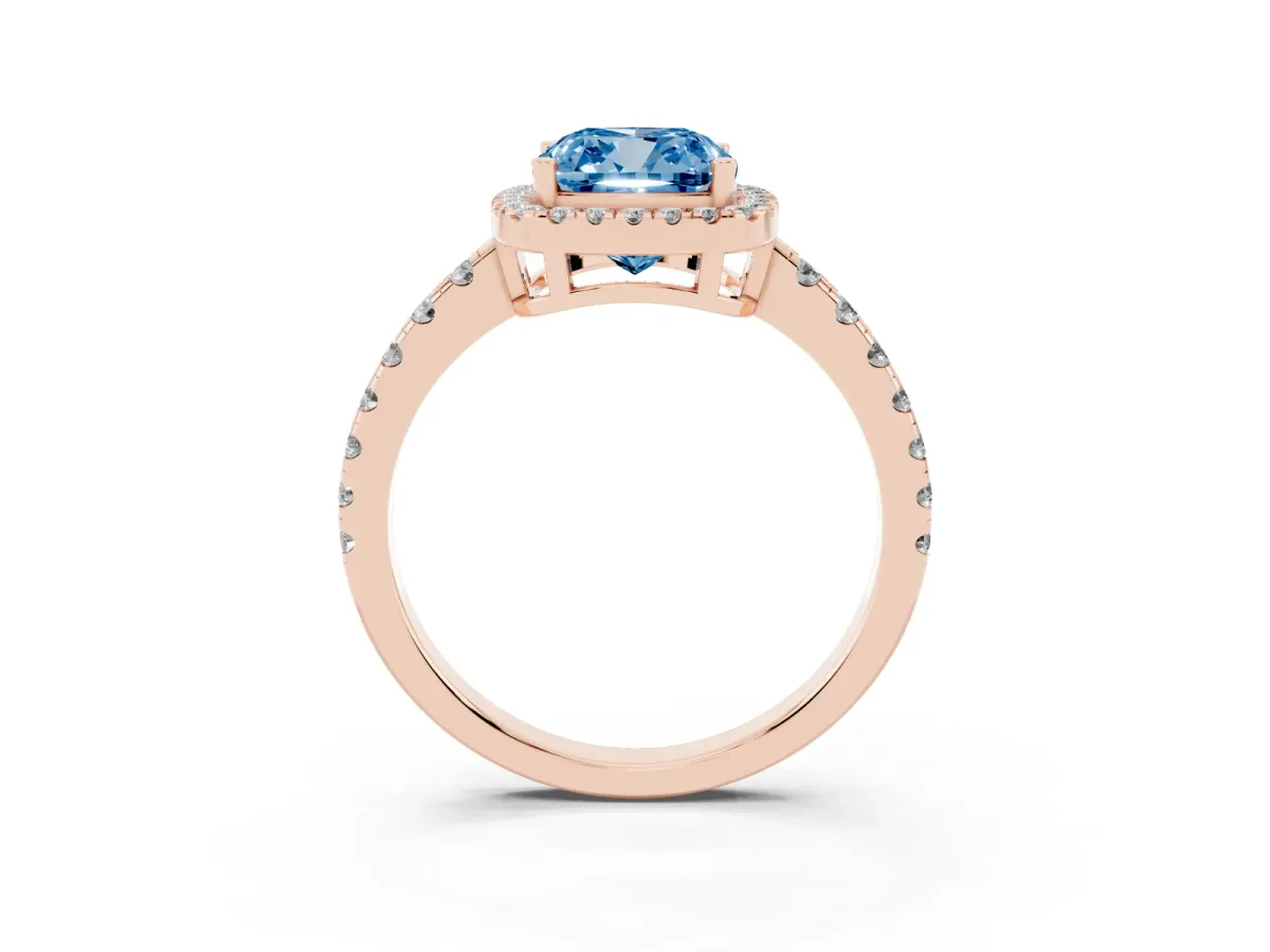 Fancy Blue Cushion Cut Diamond Halo Ring with Pavé Band and Four-Prong Setting Rose gold