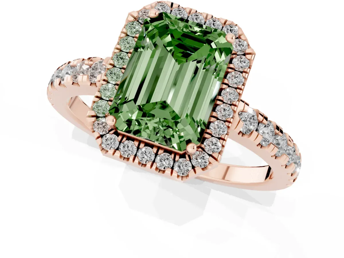Fancy Green Emerald Cut Diamond Halo Ring with Pavé Band and Four-Prong Setting Rose gold
